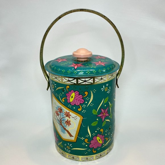 Shipley Confectionery Collectible Tin Pail Handle Floral Aqua Made in England - Picture 1 of 5